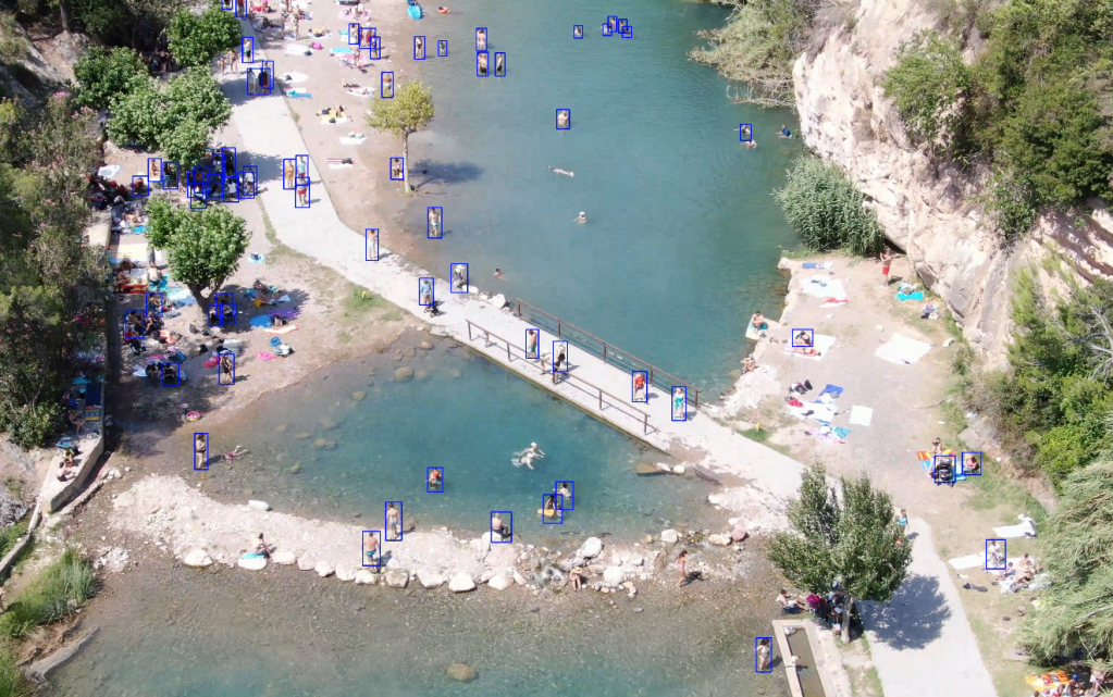 Static frame of a video with detection bounding boxes